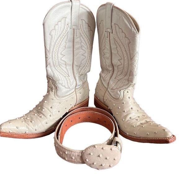 Girls Cowgirl Boots & Belt Set Leather White Ostrich Print Handmade in Mexico - Picture 1 of 16